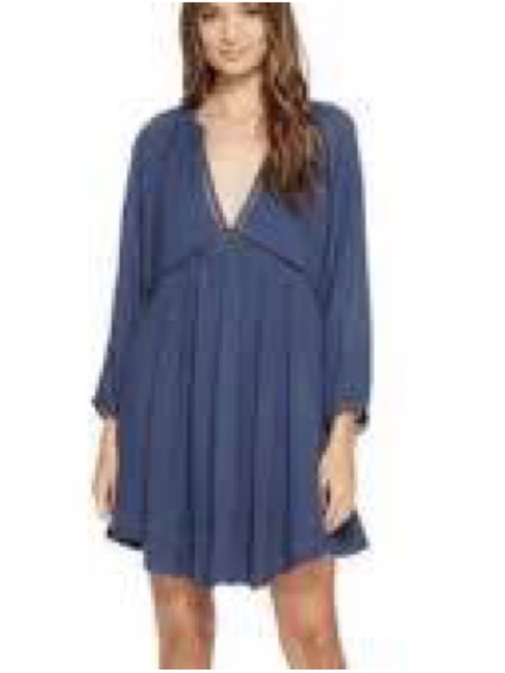 Free People Navy Long-Sleeve V-Neck Swing Mini Dress